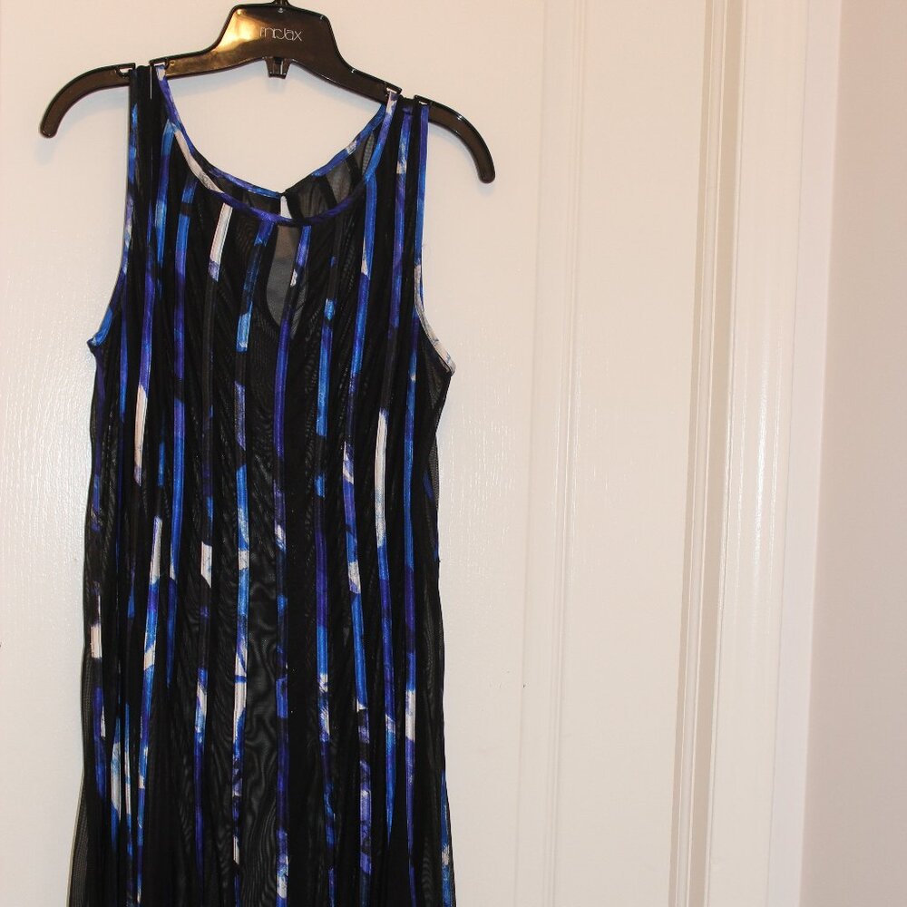 Striped BlueTone sheer overlay Swing style Cocktail Dress  black lining size L